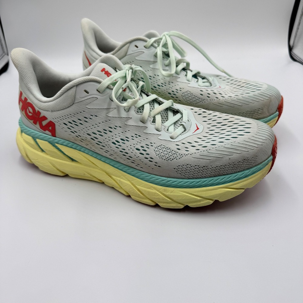 Hoka One One Clifton 7 Womens Running Shoes Grey Yellow Teal Size 8.5